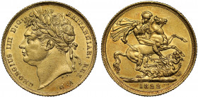 George IV (1820-30), gold Sovereign, 1822, first laureate head left, B.P. for Benedetto Pistrucci below neck, legend and toothed border surrounding, G...