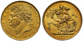 AU58 | George IV (1820-30), gold Sovereign, 1823, first laureate head left, B.P. for Benedetto Pistrucci below neck, legend and toothed border surroun...