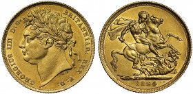 AU58 | George IV (1820-30), gold Sovereign, 1824, first laureate head left, B.P. for Benedetto Pistrucci below neck, legend and toothed border surroun...