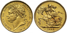 AU55 | George IV (1820-30), gold Sovereign, 1825, first laureate head left, B.P. for Benedetto Pistrucci below neck, legend and toothed border surroun...