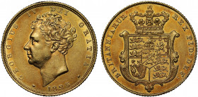 AU58 | George IV (1820-30), gold Sovereign, 1825, second bare head left, date below neck, legend and toothed border surrounding, .GEORGIUS IV DEI GRAT...