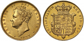 George IV (1820-30), gold Sovereign, 1827, second bare head left, date below neck, legend and toothed border surrounding, .GEORGIUS IV DEI GRATIA. rev...