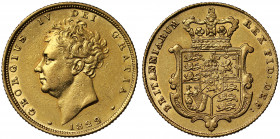 George IV (1820-30), gold Sovereign, 1829, second bare head left, date below neck, legend and toothed border surrounding, .GEORGIUS IV DEI GRATIA. rev...