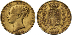 Victoria (1837-1901), gold Sovereign, 1843, so-called "narrow shield" reverse, first young filleted head left, W.W. raised on truncation for engraver ...