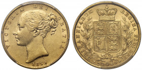AU55 | Victoria (1837-1901), gold Sovereign, 1859, Ansell type with extra raised line in hair fillet of young head facing left, date below, WW incuse ...