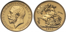 PR64 DCAM | George V (1910-36), gold proof Sovereign, 1911, bare head left, raised BM for Bertram Mackennal on truncation, legend and toothed border s...