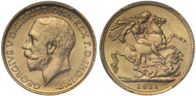 MS64+ | George V (1910-36), gold Sovereign, 1911, bare head left, B.M. on truncation for Bertram Mackennal, GEORGIVS V D.G. BRITT: OMN: REX F.D. IND: ...