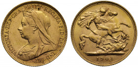 MS62 | Victoria (1837-1901), gold Half Sovereign, 1901, crowned and veiled bust left, T.B. initials below truncation for engraver Thomas Brock, legend...