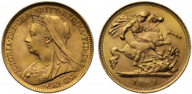 MS65 | Victoria (1837-1901), gold Half Sovereign, 1901, crowned and veiled bust left, T.B. initials below truncation for engraver Thomas Brock, legend...