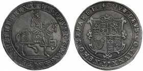 James I (1603-25), silver Crown, second coinage (1604-5), armoured King on horseback right, sword on shoulder, plain groundline below, Latin legend an...
