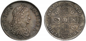 Charles II (1660-85), silver Crown, 1662, first laureate and draped bust right, rose below, legend and toothed border surrounding, CAROLVS . II. DEI. ...