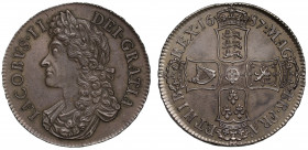 James II (1685-88), silver Crown, 1687, second laureate and draped bust left, legend and toothed border surrounding, IACOBVS. II. DEI. GRATIA, rev. cr...