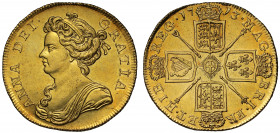 Anne (1702-14), gold Two Guineas, 1713, draped bust left, Latin legend and toothed border surrounding, ANNA. DEI. GRATIA., rev. crowned cruciform shie...