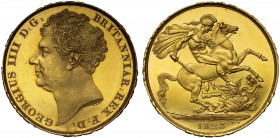 George IV (1820-30), gold proof Two Pounds, 1823, bare head left, J.B.M. below truncation for engraver Jean Baptiste Merlen, abbreviated Latin legend ...