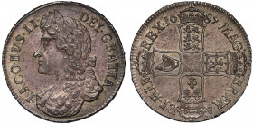 MS62 | James II (1685-88), silver Crown, 1687, second laureate and draped bust left, legend and toothed border surrounding, IACOBVS. II. DEI. GRATIA, ...