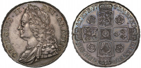 George II (1727-60), silver Crown, 1743, older laureate and draped bust left, GEORGIUS.II. DEI.GRATIA., toothed border around rim both sides, rev. cro...