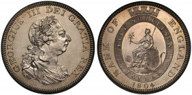 George III (1760-1820), silver Bank of England Dollar, 1804, struck by the Soho Mint entirely over a Spanish Empire Eight Reales, laureate and draped ...