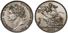 George IV (1820-30), silver Crown, 1821, laureate head left, B.P. for Benedetto Pistrucci below, legend and toothed border surrounding, GEORGIUS IIII ...