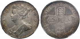 AU50 | Anne (1702-14), silver Halfcrown, 1703, plain below first draped bust left, Latin legend and toothed border surrounding, ANNA.DEI. GRATIA., rev...