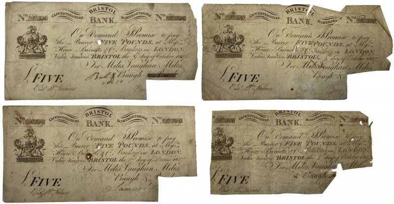 Somerset, Bristol, Provincial banknotes, Five Pounds (4), Bristol Bank, Miles Va...