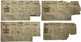 Somerset, Bristol, Provincial banknotes, Five Pounds (4), Bristol Bank, Miles Vaughan, Miles, Baugh and Birch, dated chronologically 8th October 1807,...
