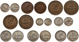 Australia, Edward VII (1901-10), silver Sixpence, 1910 (KM 19); George V, bronze Halfpenny, 1921 (KM 22); Pennies (2), 1912, 1920 dot above lower scro...