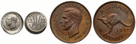 Australia, George VI (1910-36), mistrike silver Threepence, 1950, bust left, rev. date and denomination, three ears of wheat (KM 44); together with br...