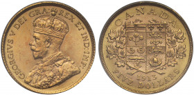 MS63 | Canada, George V (1910-36), gold Five Dollars, 1913, crowned bust left, rev. arms within wreath, date and denomination below, AGW 0.4837 oz (Fr...