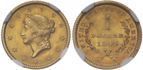 MS62 | USA, gold Dollar, 1849, bust of Liberty left, date below, ring of stars at peripheries, rev. date and denomination in centre, open wreath surro...