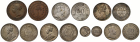 Ceylon, copper Five Cents, 1870 (KM 93); Hong Kong, silver 50-Cents, 1905, (KM 15); India, Rupees (3), 1901C; 1912C; 1919B (SW 6.158; 8.17; 8.51), fin...