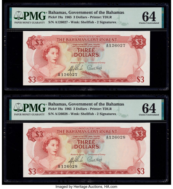 Bahamas Bahamas Government 3 Dollars 1965 Pick 19a Two Consecutive Examples PMG ...