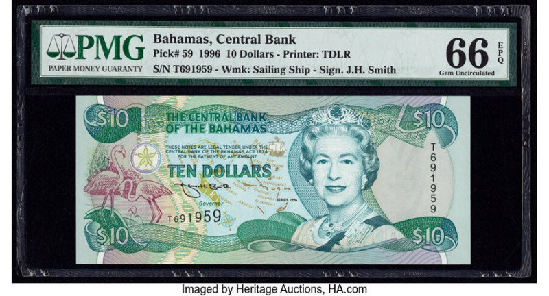 Bahamas Central Bank 10 Dollars 1996 Pick 59 PMG Gem Uncirculated 66 EPQ. 

HID0...