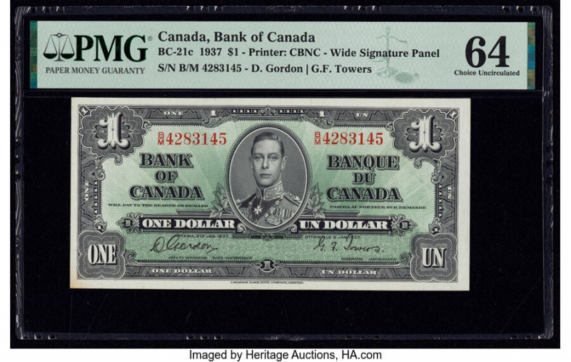 Canada Bank of Canada $1 2.1.1937 Pick 58c BC-21c PMG Choice Uncirculated 64. 

...