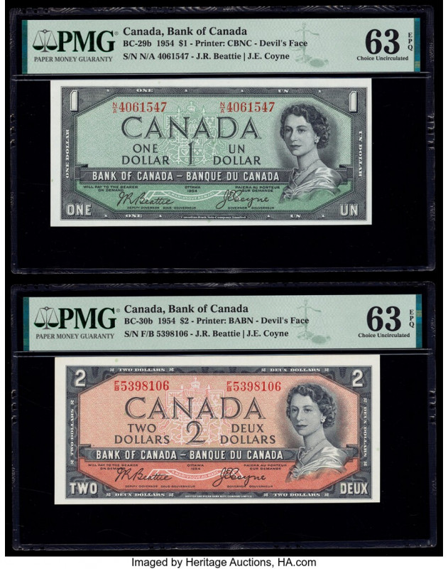 Canada Bank of Canada $1; 2 1954 Pick 66b BC-29b; BC-30b Two "Devil's Face" Exam...