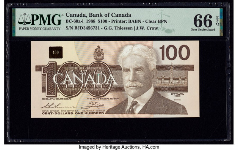 Canada Bank of Canada $100 1988 Pick 99a BC-60a-i PMG Gem Uncirculated 66 EPQ. 
...