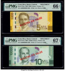 Costa Rica Banco Central de Costa Rica 5000, 10,000 Colones 2009 Pick 276as; 277as Two Specimen PMG Gem Uncirculated 66 EPQ; Superb Gem Unc 67 EPQ. Re...