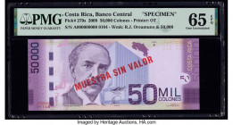 Costa Rica Banco Central de Costa Rica 50,000 Colones 2009 Pick 279s Specimen PMG Gem Uncirculated 65 EPQ. Red Muestra Sin Valor overprints are presen...