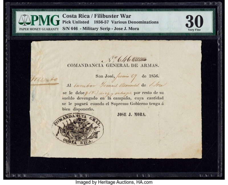 Costa Rica Filibuster War Various Denominations 1856-57 Pick UNL PMG Very Fine 3...