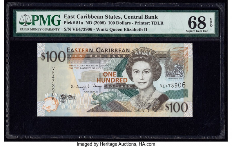 East Caribbean States Central Bank 100 Dollars ND (2008) Pick 51a PMG Superb Gem...