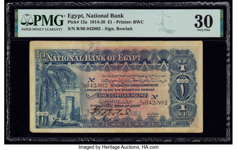 Egypt National Bank of Egypt 1 Pound 12.4.1918 Pick 12a PMG Very Fine 30. An ann...