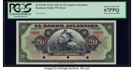Honduras Banco Atlantida 20 Lempiras 1932 Pick S125s Specimen PCGS Superb Gem New 67PPQ. Red Specimen overprints and three POCs are present on this ex...