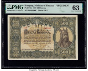 Hungary State Note of the Ministry of Finance 500 Korona 1.1.1920 Pick 65s Specimen PMG Choice Uncirculated 63. A roulette punch and pinholes are note...