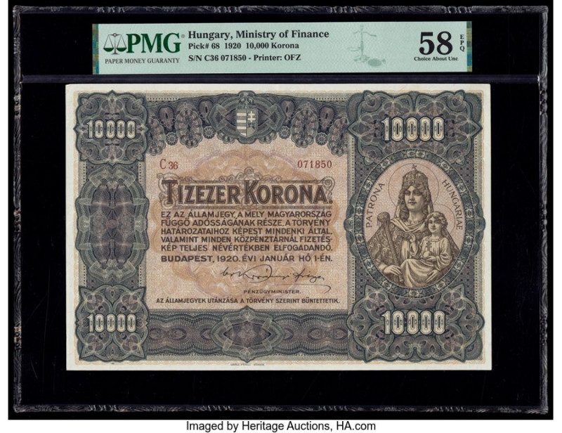 Hungary State Note of the Ministry of Finance 10,000 Korona 1.1.1920 Pick 68 PMG...