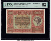 Hungary State Note of the Ministry of Finance 50,000 Korona 1.5.1923 Pick 71s Specimen PMG Uncirculated 62. A roulette punch and previous mounting are...