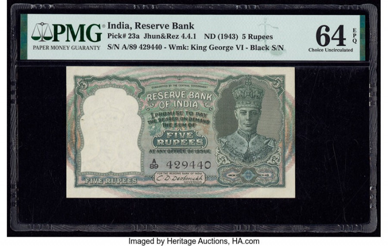 India Reserve Bank of India 5 Rupees ND (1943) Pick 23a Jhun4.4.1 PMG Choice Unc...