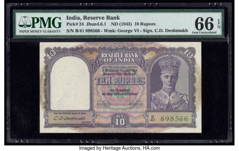 India Reserve Bank of India 10 Rupees ND (1943) Pick 24 Jhun4.6.1 PMG Gem Uncirc...