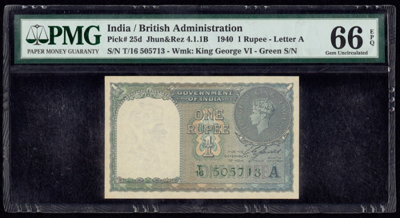 India Government of India 1 Rupee 1940 Pick 25d Jhun4.1.1B PMG Gem Uncirculated ...
