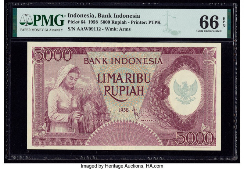 Indonesia Bank Indonesia 5000 Rupiah 1958 Pick 64 PMG Gem Uncirculated 66 EPQ. 
...