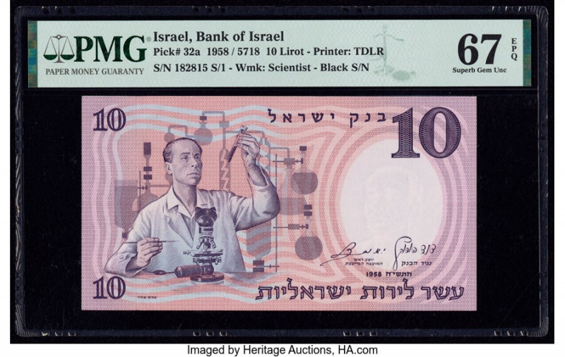 Israel Bank of Israel 10 Lirot 1958 / 5718 Pick 32a PMG Superb Gem Unc 67 EPQ. 
...