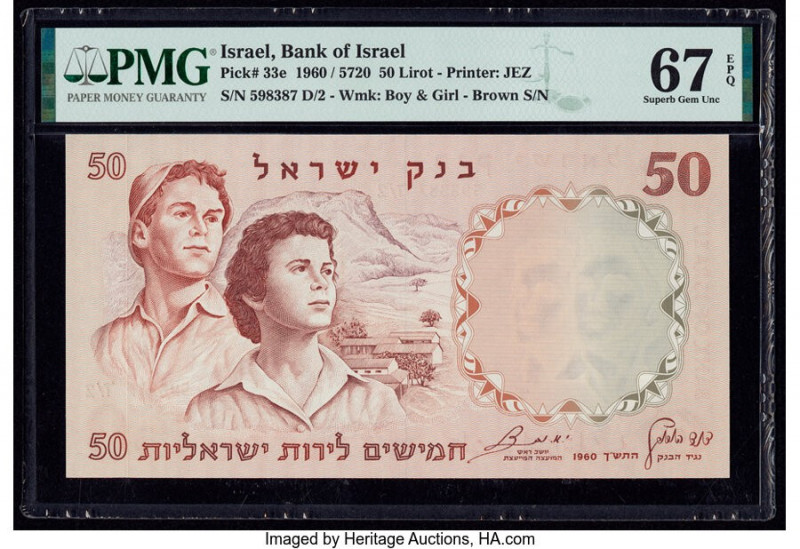 Israel Bank of Israel 50 Lirot 1960 / 5720 Pick 33e PMG Superb Gem Unc 67 EPQ. 
...